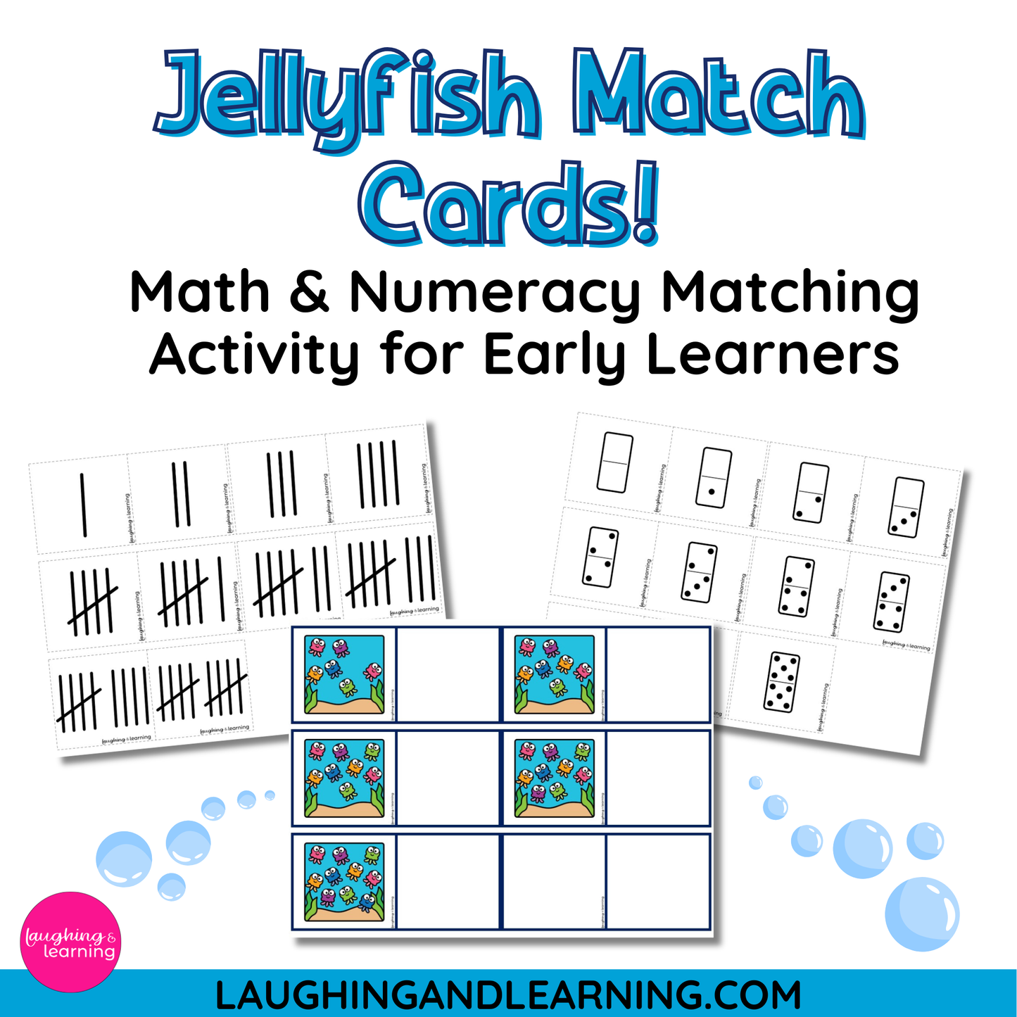 Jellyfish-themed math and numeracy matching activity cards for early learners