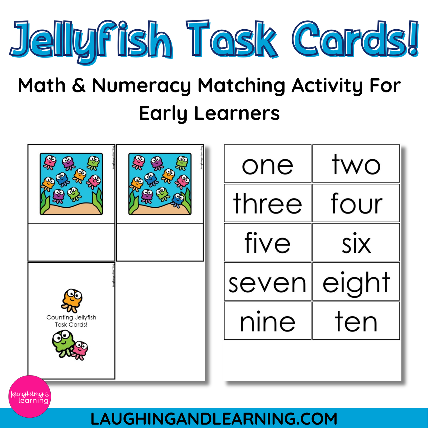 Jellyfish-themed math and numeracy matching activity cards for early learners