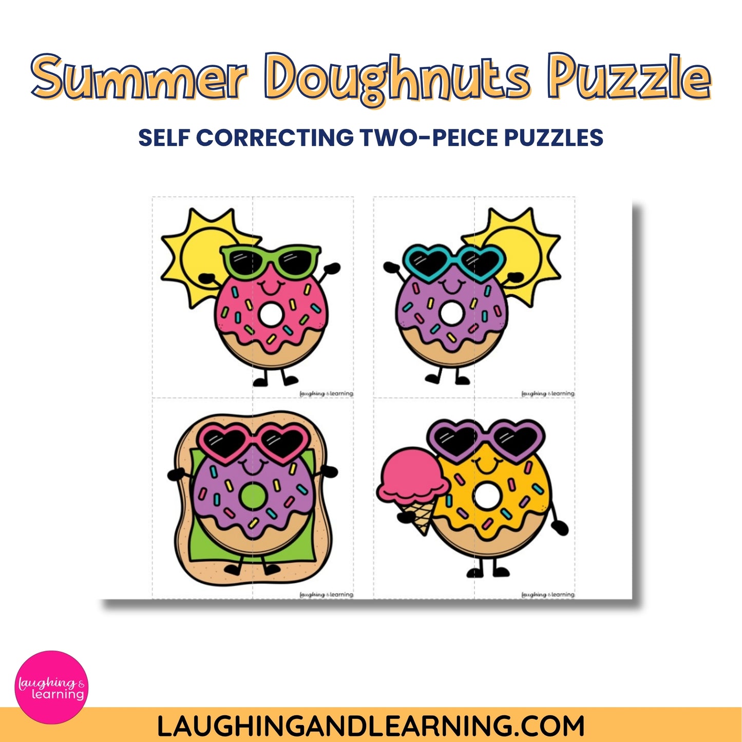 Summer-themed doughnut puzzles with sunglasses and ice cream, self-correcting two-piece puzzles