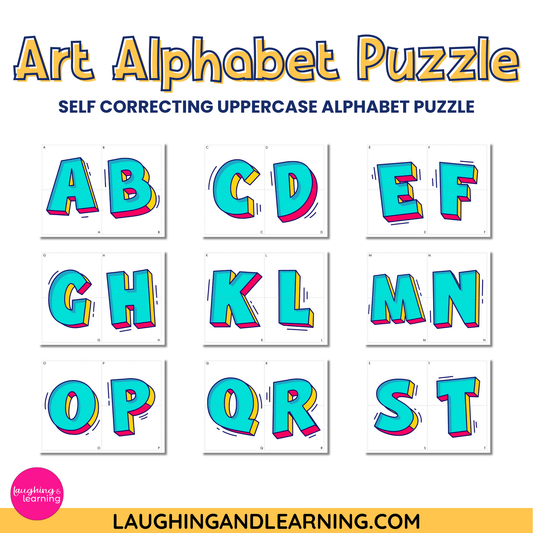 Colorful uppercase alphabet puzzle with letters A to S on a white background, featuring the brand 'Laughing and Learning'.