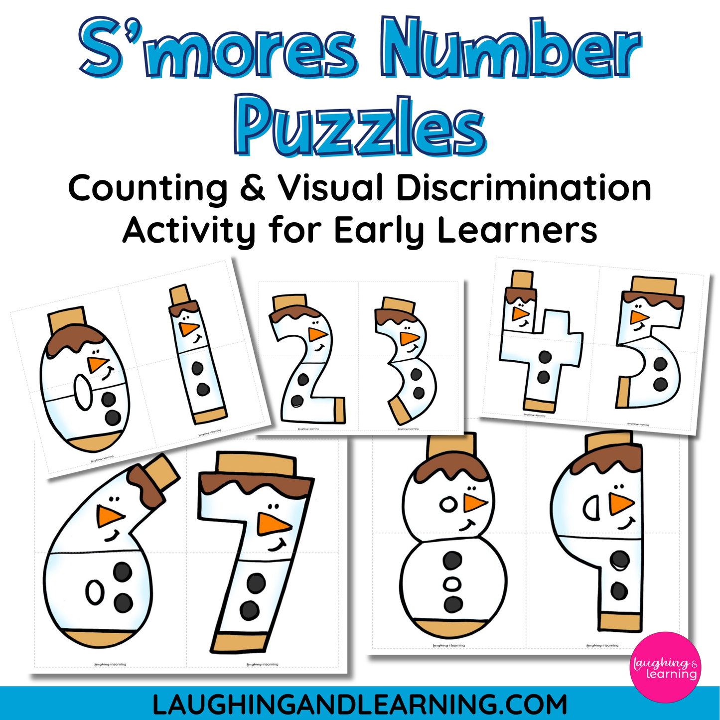S'mores-themed number puzzles for counting and visual discrimination activity on a white background.