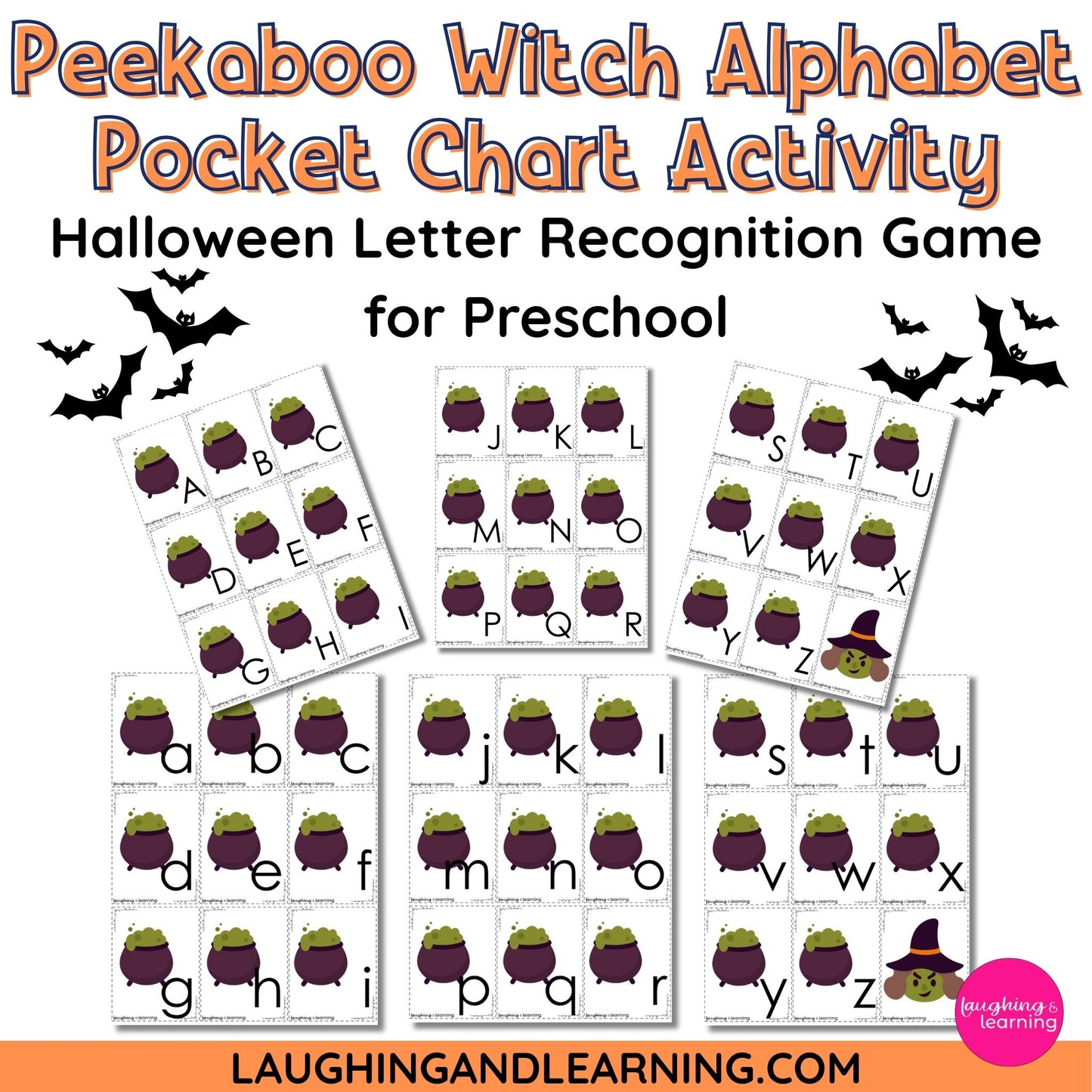 Halloween-themed alphabet pocket chart activity for preschool with witch hats and letters.