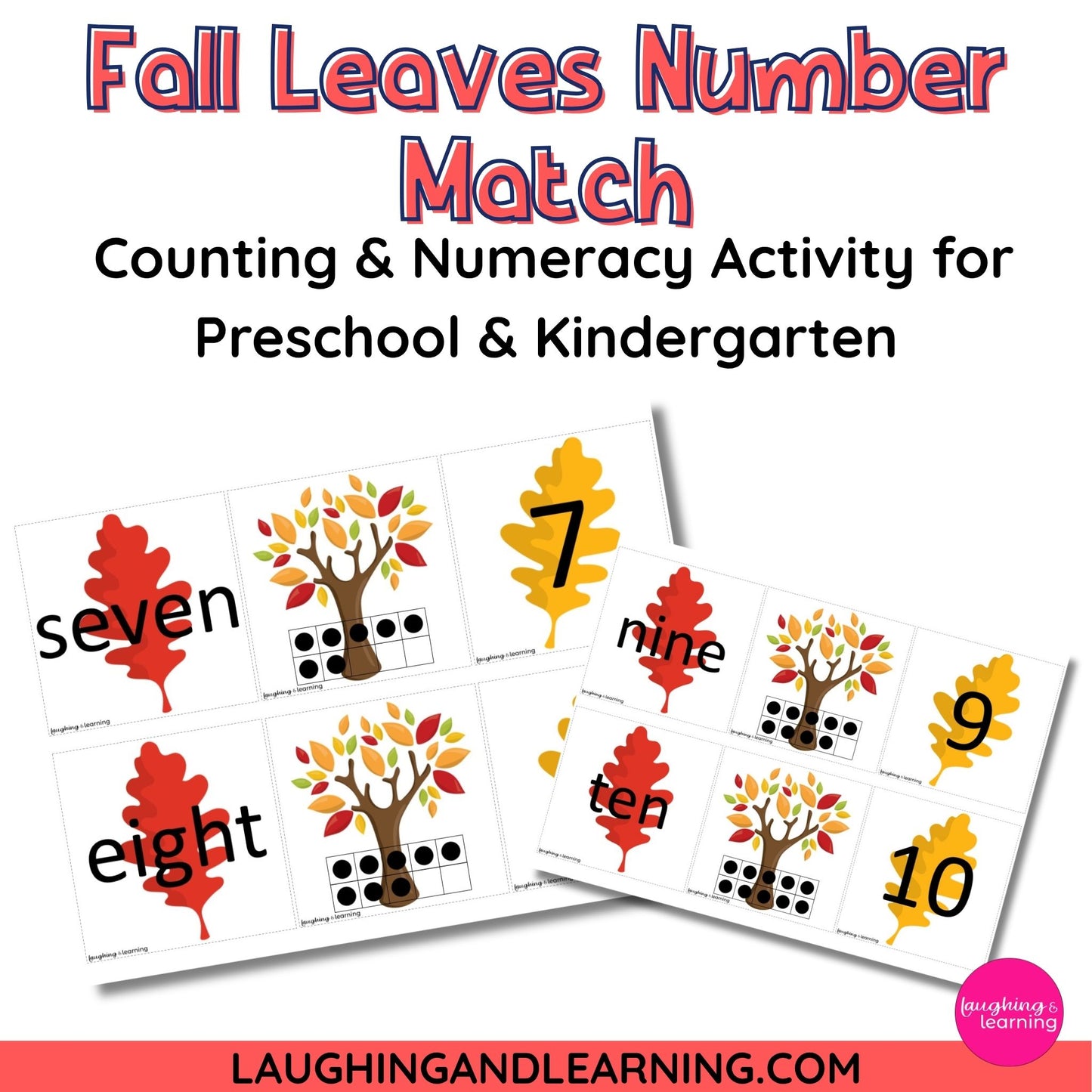 Educational activity cards for preschool and kindergarten with fall leaves and numbers.