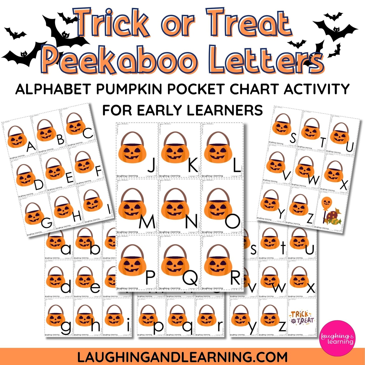 Halloween-themed alphabet pocket chart activity with pumpkins and letters for early learners, featuring the brand 'Laughing and Learning'.