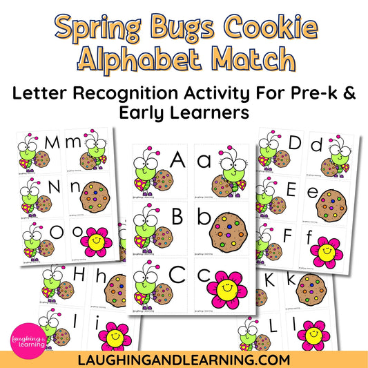 Spring-themed alphabet matching activity for pre-k and early learners with cookies and ladybugs.