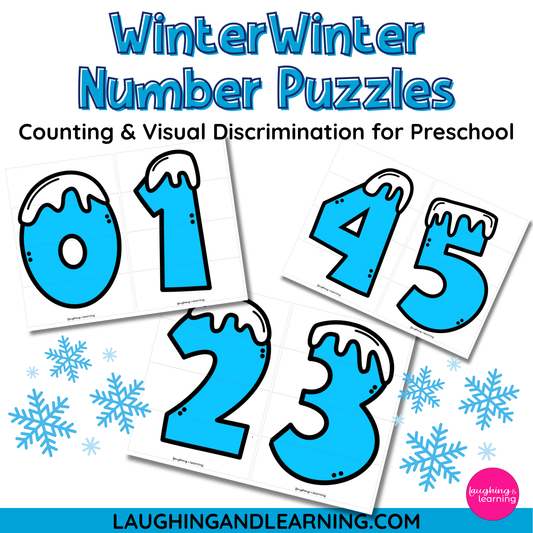 Winter-themed number puzzles for preschool with blue numbers and snowflakes on a white background.