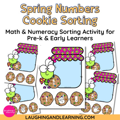 Spring-themed numbers cookie sorting activity for pre-k and early learners with cartoon bugs and cookies.