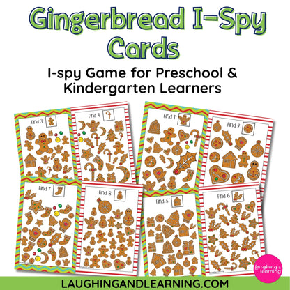 Gingerbread I-Spy Cards for preschool and kindergarten learners with a white background.