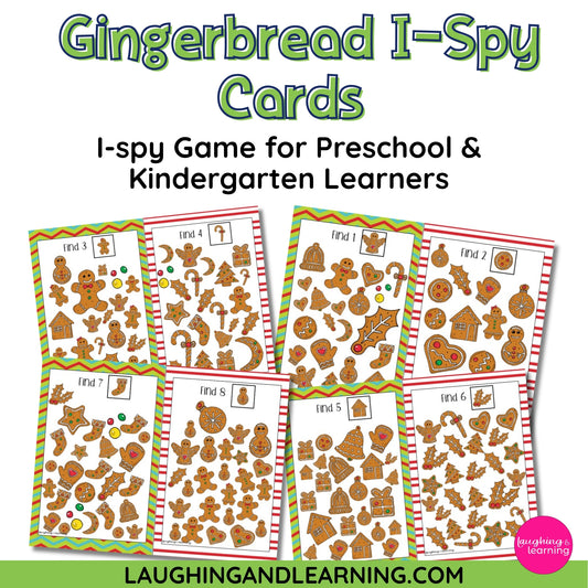 Gingerbread I-Spy Cards for preschool and kindergarten learners with a white background.