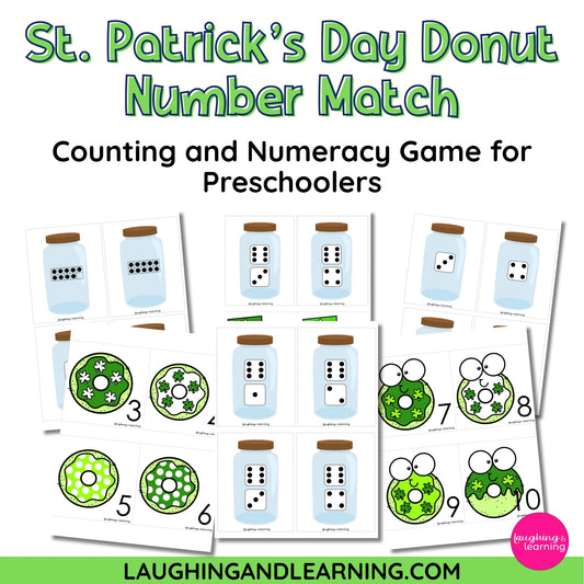St. Patrick's Day Donut Number Match game for preschoolers 
