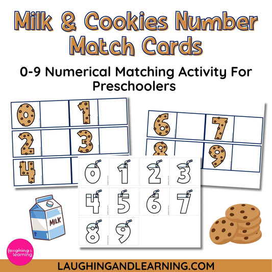 Milk and Cookies Number Match Cards for preschoolers 