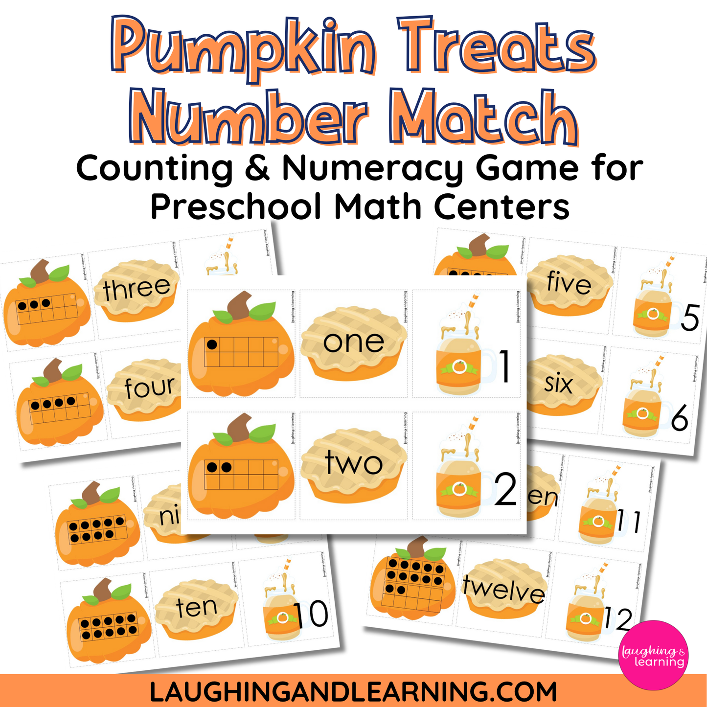 Pumpkin-themed counting and numeracy game for preschool math centers with pumpkins and numbers.