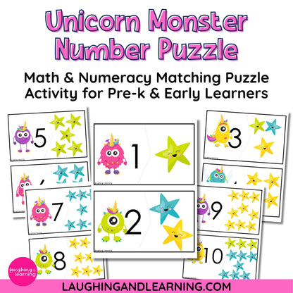 Math and numeracy matching puzzle activity for pre-k and early learners with colorful monsters and stars.