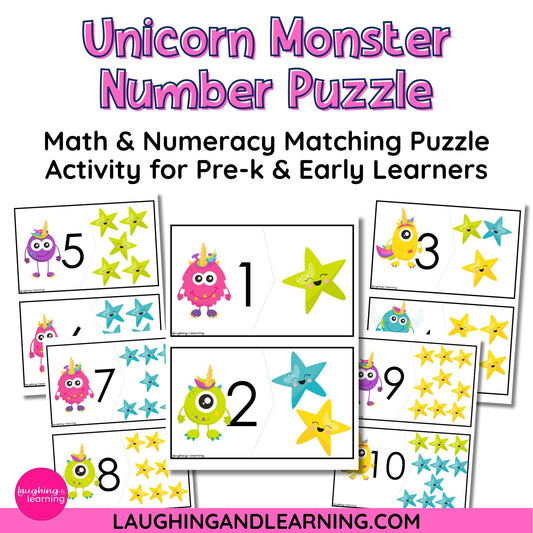 Math and numeracy matching puzzle activity for pre-k and early learners with colorful monsters and stars.