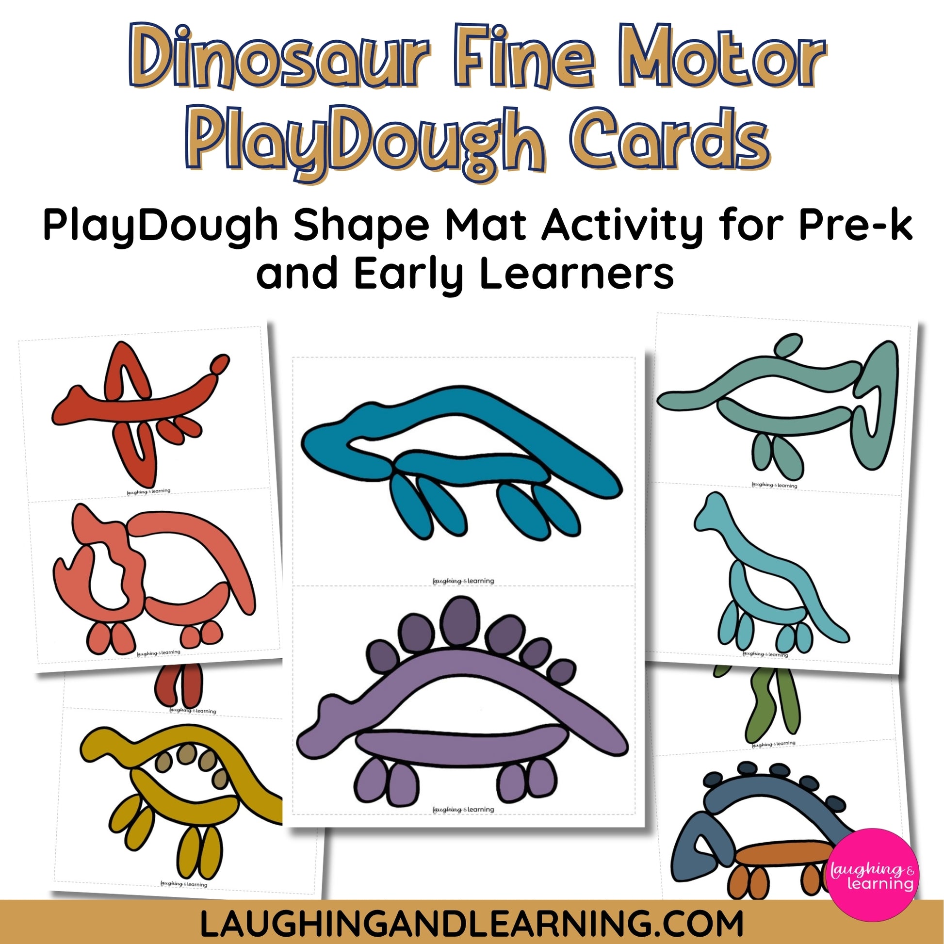 Dinosaur fine motor playdough cards for pre-k and early learners with colorful shapes 