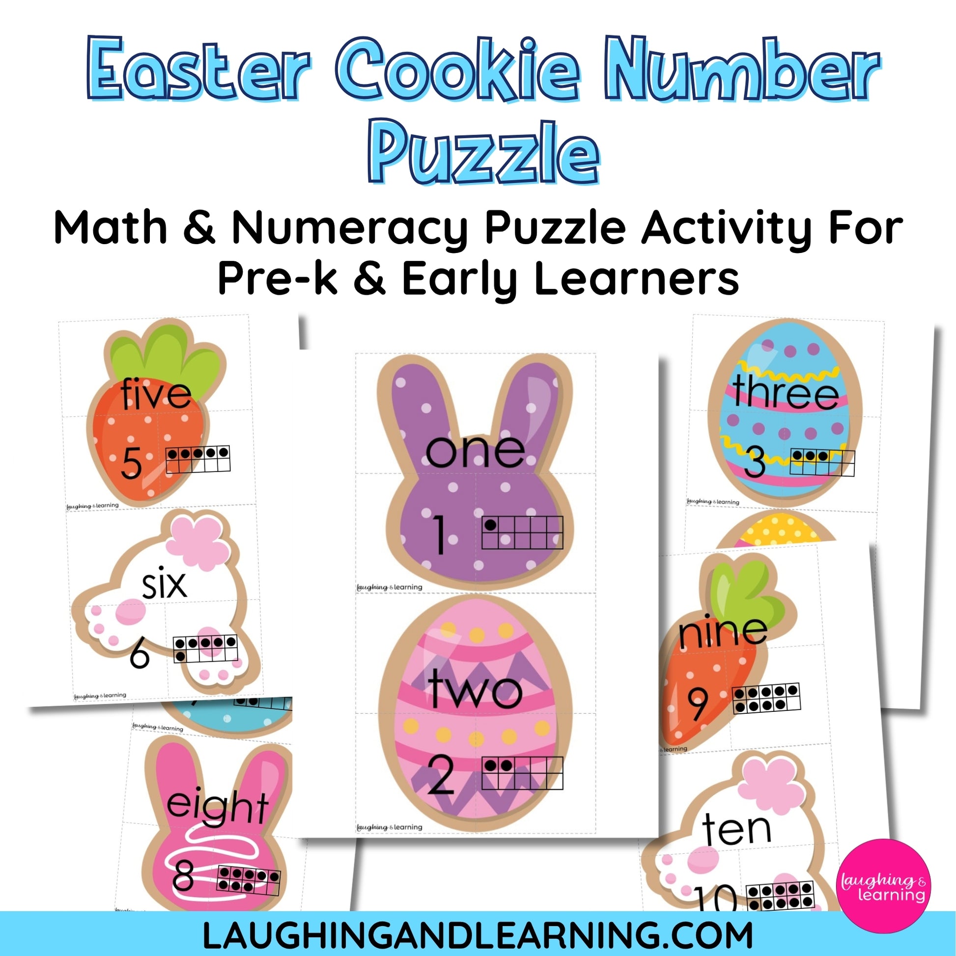 Easter-themed cookie number puzzle for pre-k and early learners with numbers 1-10.