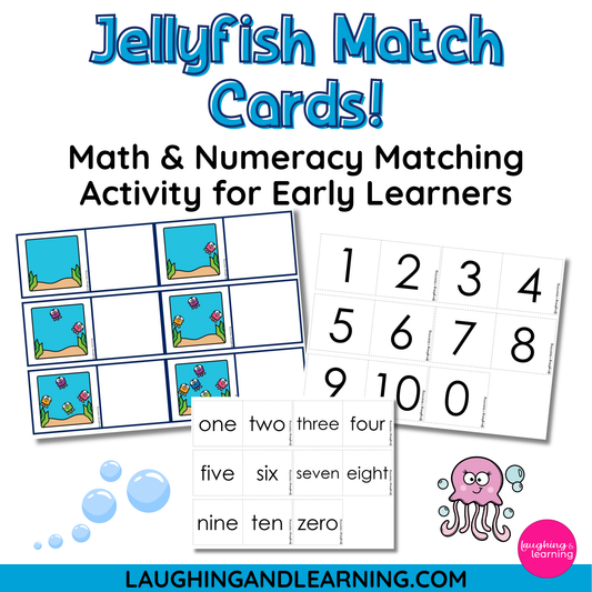 Jellyfish-themed math and numeracy matching activity cards for early learners with numbers and counting words.