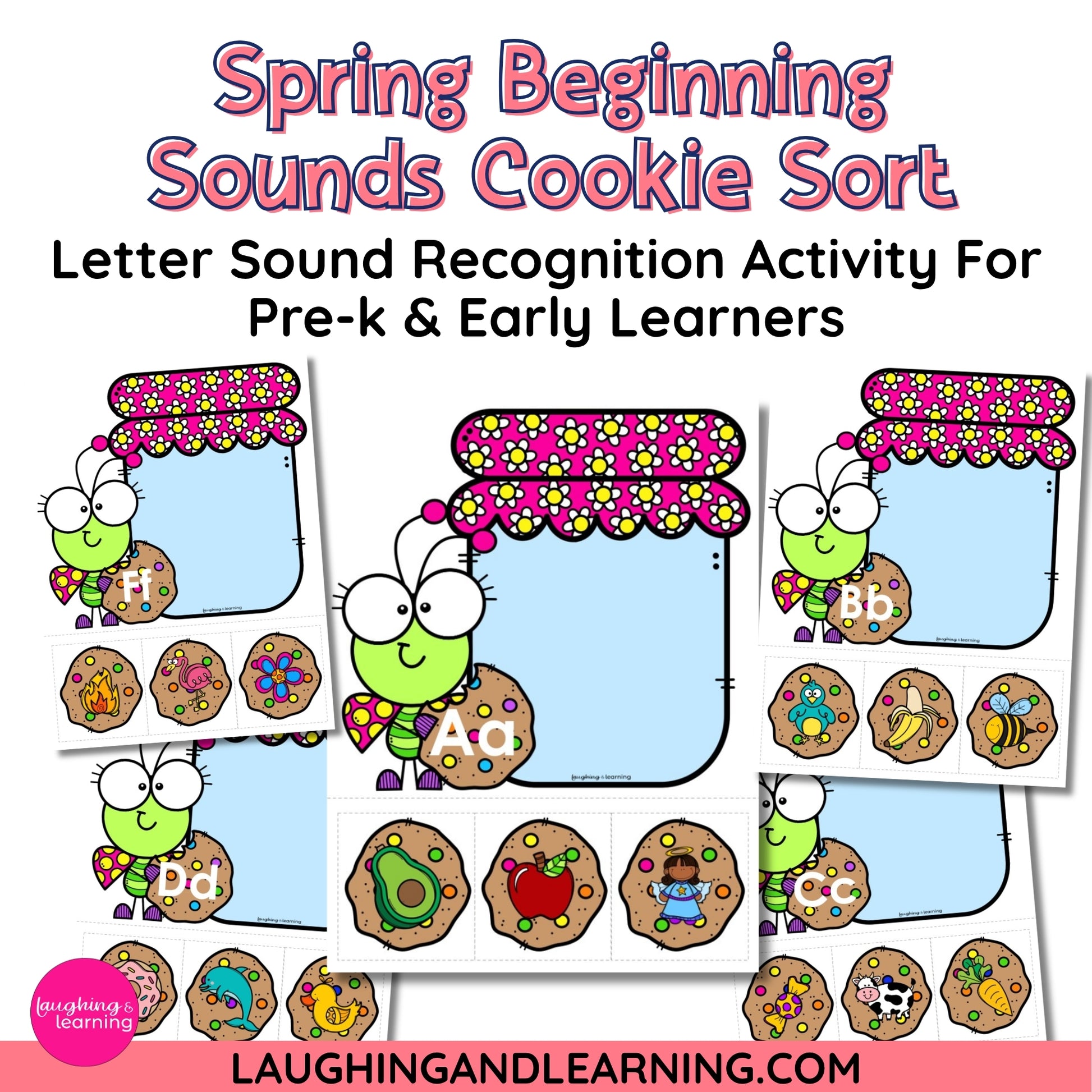 Spring Beginning Sounds Cookie Sort activity for pre-k and early learners with cartoon characters and cookies.
