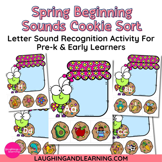 Spring Beginning Sounds Cookie Sort activity for pre-k and early learners with cartoon characters and cookies.
