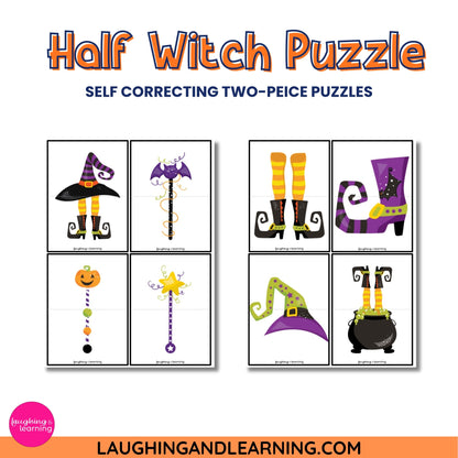 Halloween-themed puzzle cards with self-correcting two-piece pieces 