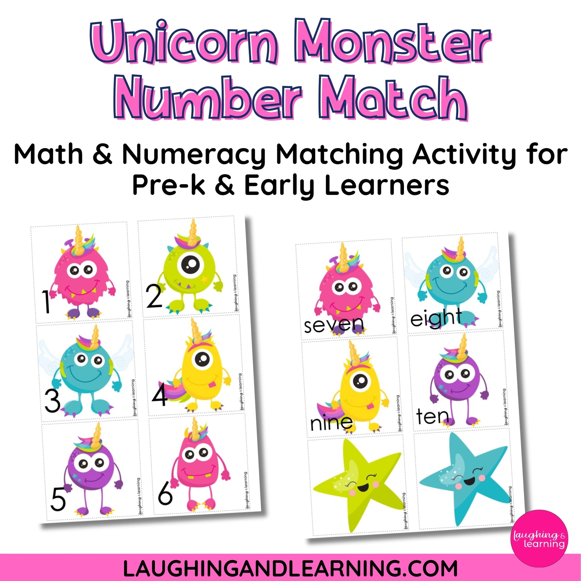 Math and numeracy matching activity for pre-k and early learners with colorful monsters and numbers.