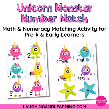 Math and numeracy matching activity for pre-k and early learners with colorful monsters and numbers.