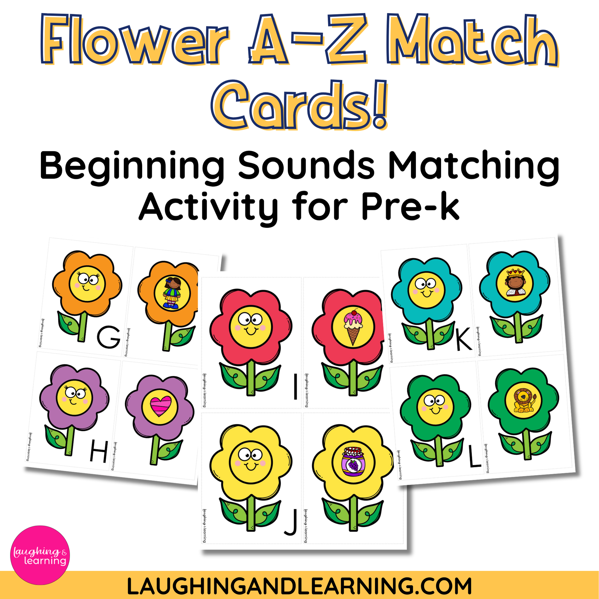 Flower A-Z Match Cards for beginning sounds matching activity with colorful flowers and letters.