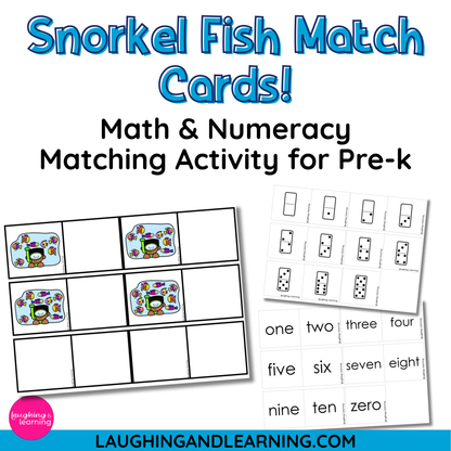 Math and numeracy matching activity cards for pre-k students with snorkel fish theme.