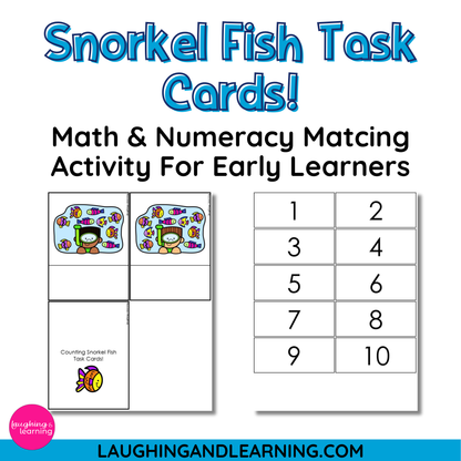 Snorkel fish task cards for math and numeracy matching activity on a white 