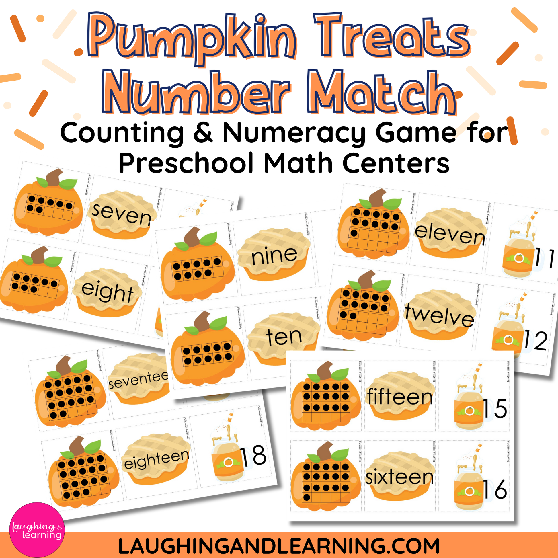 Pumpkin-themed counting and numeracy game for preschool math centers with numbers and corresponding dot patterns.