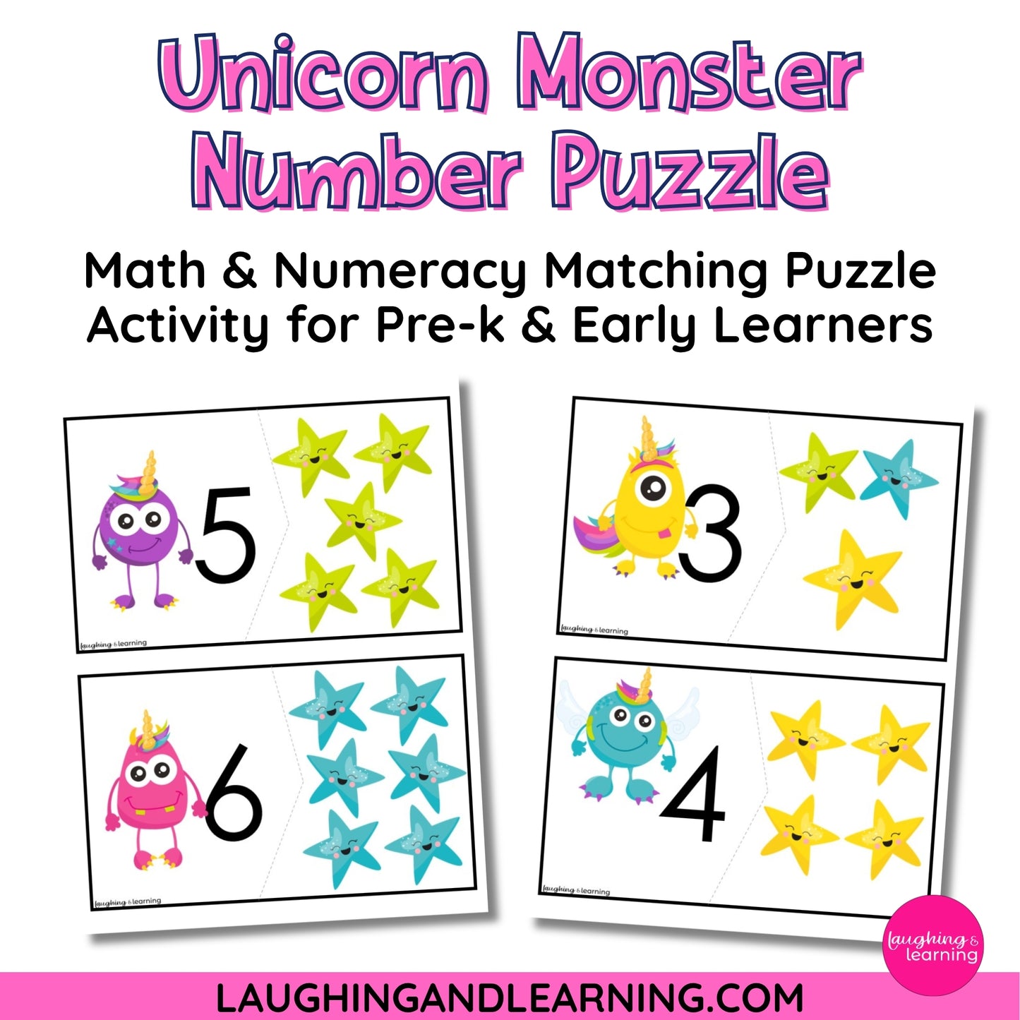Unicorn Monster Number Puzzle with numbers and stars for pre-k and early learners, featuring the brand 'Laughing and Learning'.