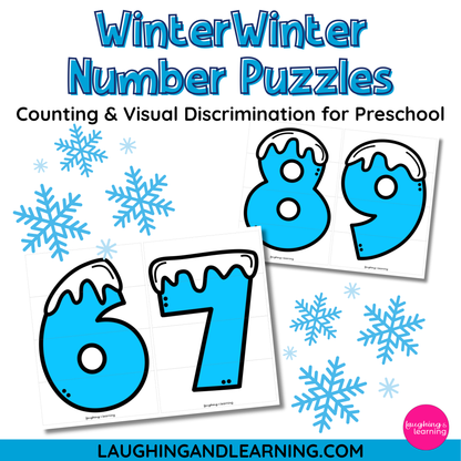 Winter-themed number puzzles for preschool with blue numbers and snowflakes on a white background.