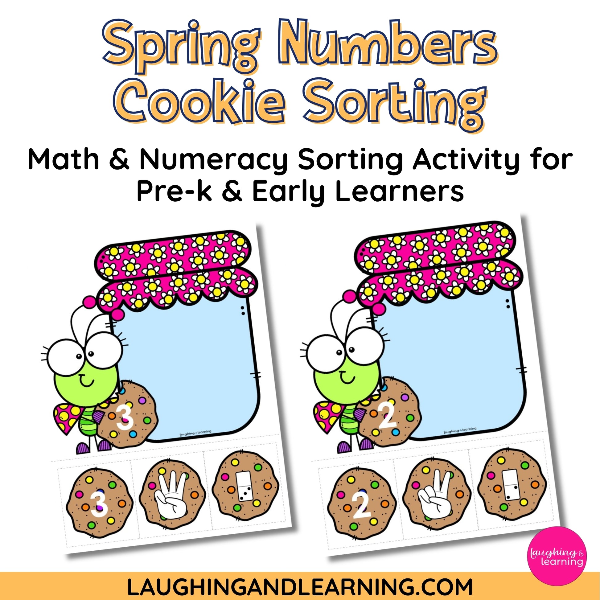 Spring-themed numbers cookie sorting activity for pre-k and early learners with cartoon bugs and cookies.