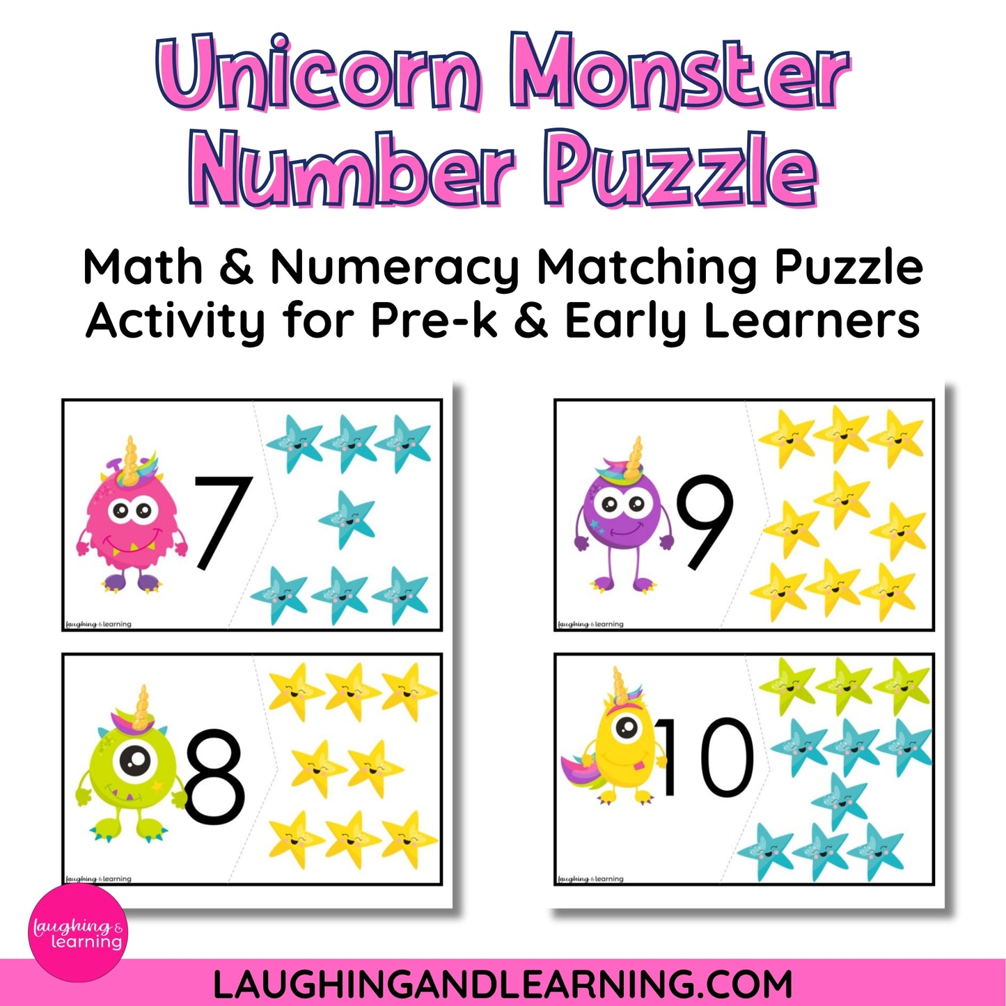 Unicorn Monster Number Puzzle with numbers 7, 8, and 9 on star cards for pre-k and early learners.