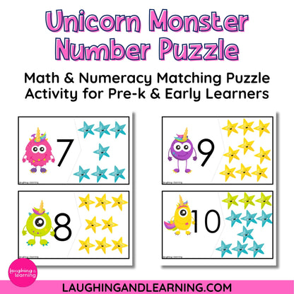Unicorn Monster Number Puzzle with numbers 7, 8, and 9 on star cards for pre-k and early learners.