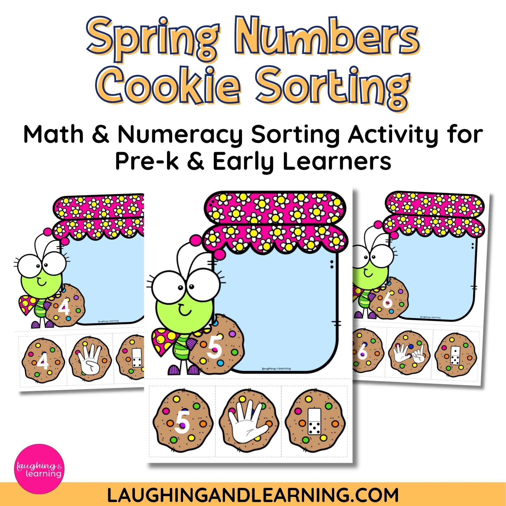 Spring-themed numbers cookie sorting activity for pre-k and early learners with cartoon bugs and cookies.