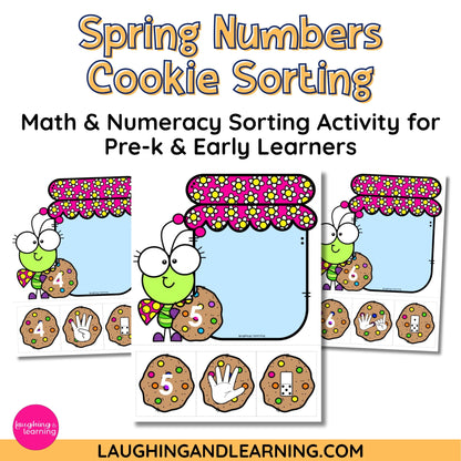 Spring-themed numbers cookie sorting activity for pre-k and early learners with cartoon bugs and cookies.