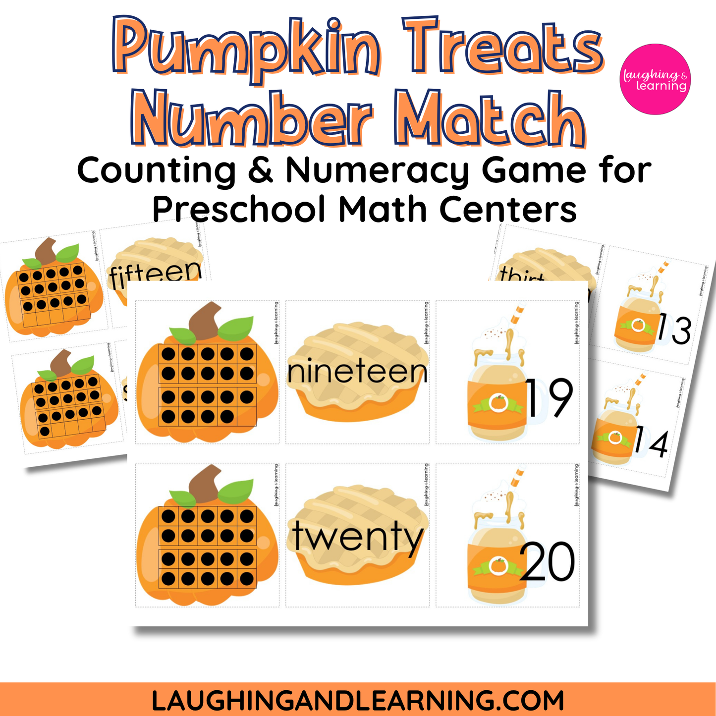 Educational game for preschool math centers with pumpkins and numbers.