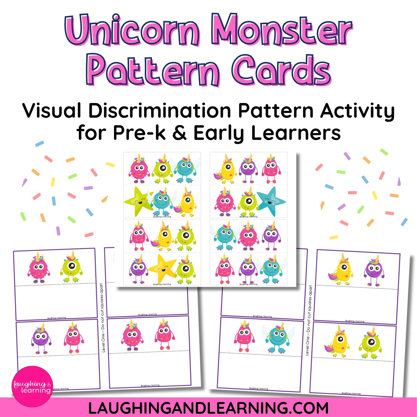 Unicorn Monster Pattern Cards for visual discrimination activity with colorful monsters and patterns.