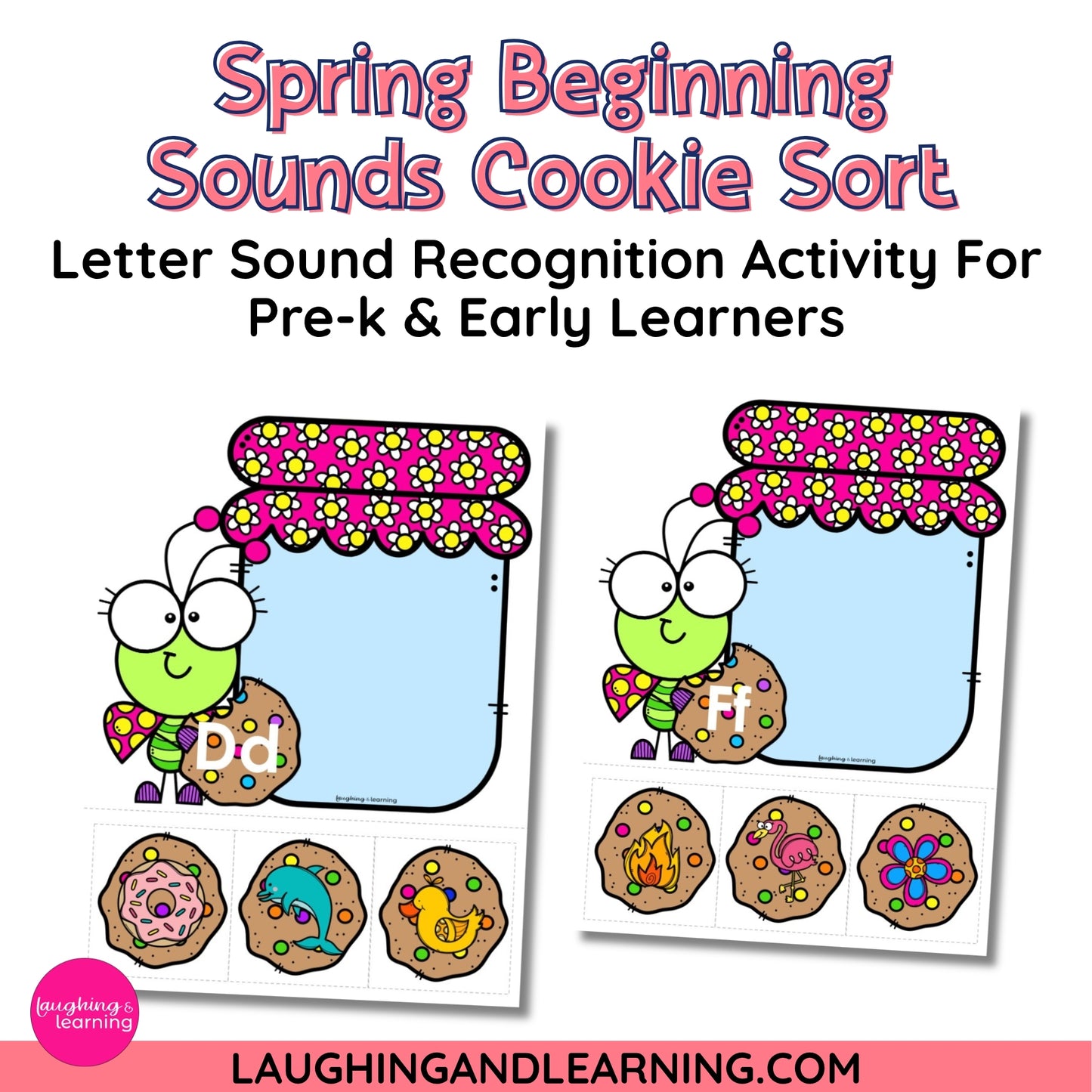 Spring-themed letter sound recognition activity for pre-k and early learners with a cartoon character and cookies.