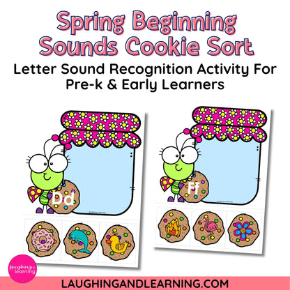 Spring-themed letter sound recognition activity for pre-k and early learners with a cartoon character and cookies.