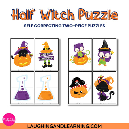 Halloween-themed puzzle cards with cartoon characters 