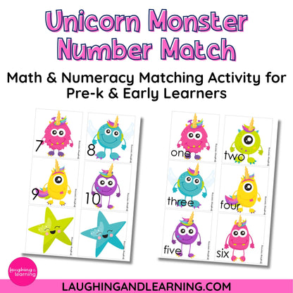 Math and numeracy matching activity for pre-k and early learners with colorful monsters and numbers.