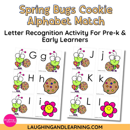 Spring-themed alphabet matching activity for pre-k and early learners with cookies and bugs.