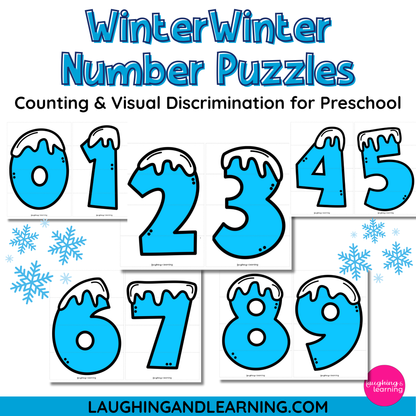 Set of blue ice-themed numbers with snowflakes for counting and visual discrimination activity.