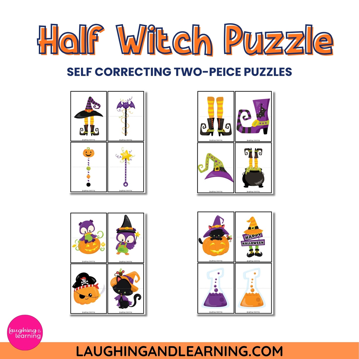 Halloween-themed puzzle set with self-correcting two-piece puzzles 