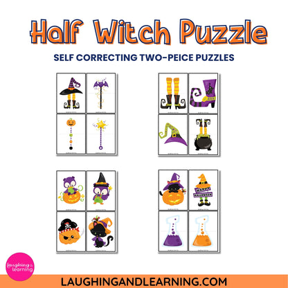 Halloween-themed puzzle set with self-correcting two-piece puzzles 