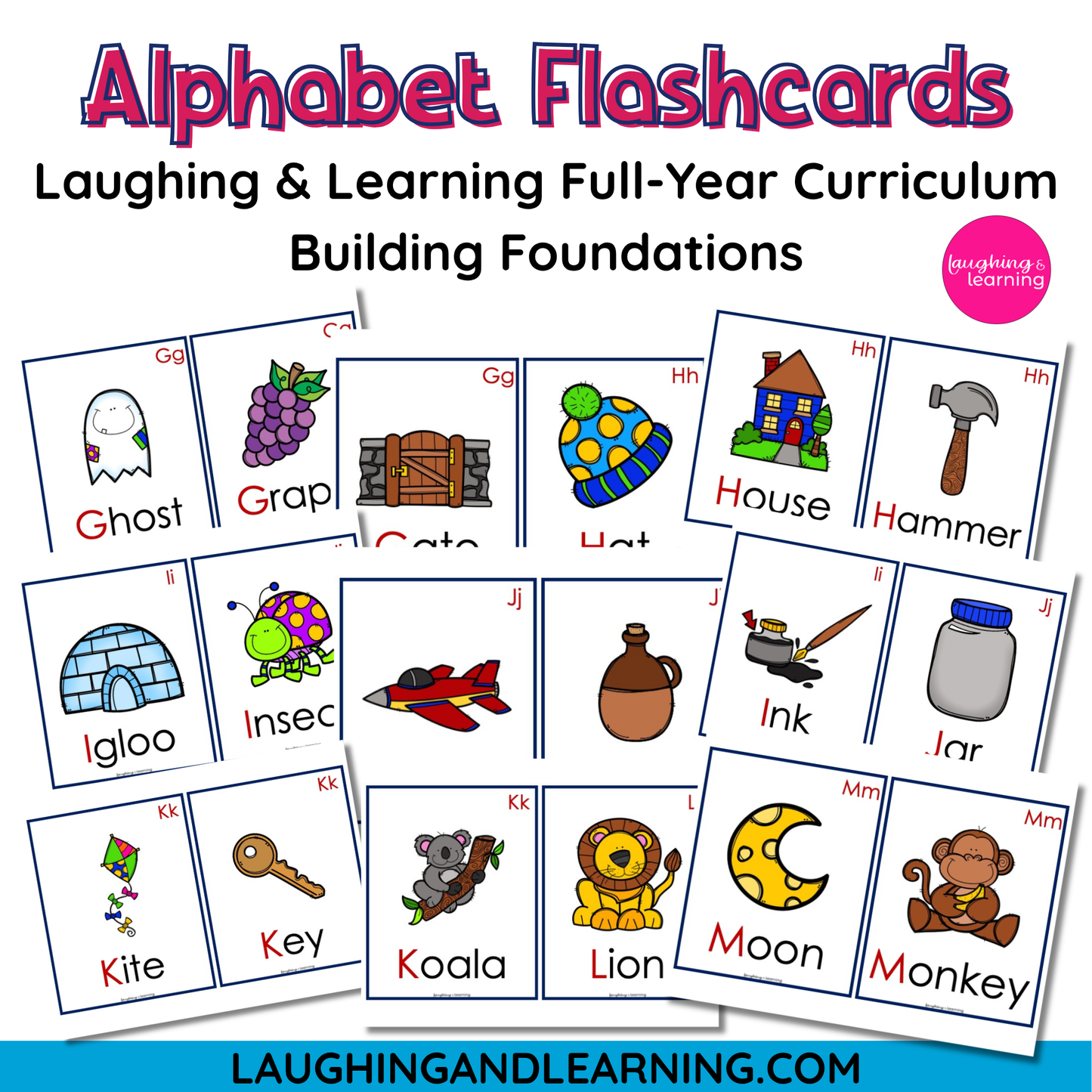 Alphabet flashcards with colorful illustrations and letters, featuring the brand 'Laughing & Learning'.