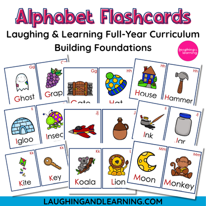Alphabet flashcards with colorful illustrations and letters, featuring the brand 'Laughing & Learning'.