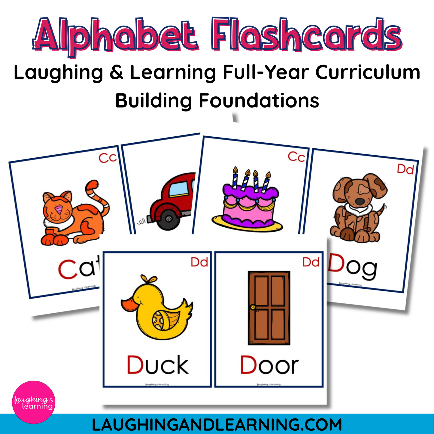 Alphabet flashcards with letters and pictures on a white background